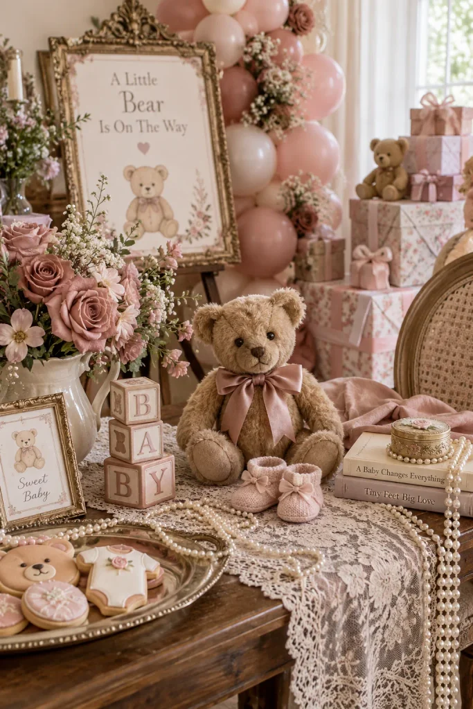 A table with lace runners, pearl strings, and dusty rose roses beside an antique-style bear in a bow