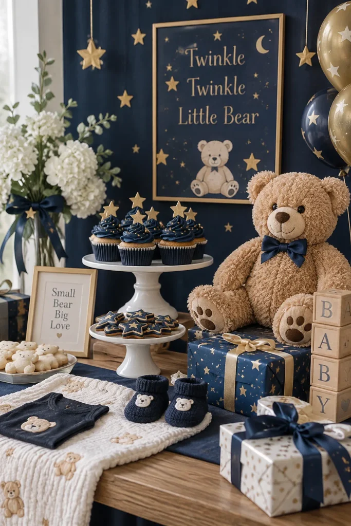 A navy backdrop with gold foil stars, a bear in a bow tie, and a dessert table with navy cupcakes