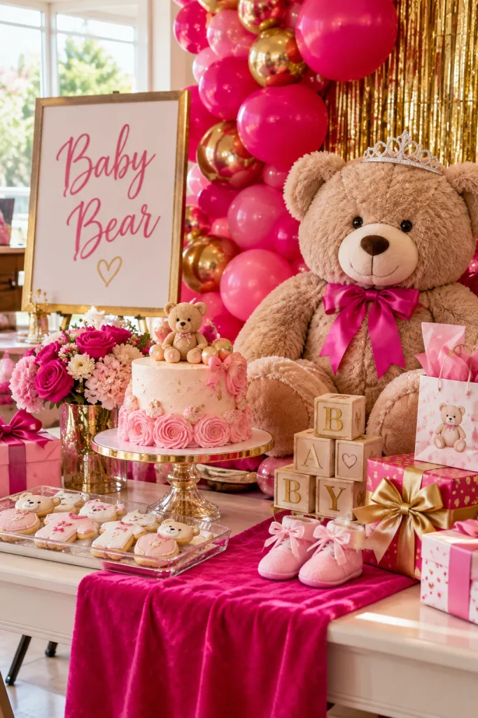 A bold pink balloon wall with gold accents, a fringe curtain, and a glam bear wearing a tiny tiara