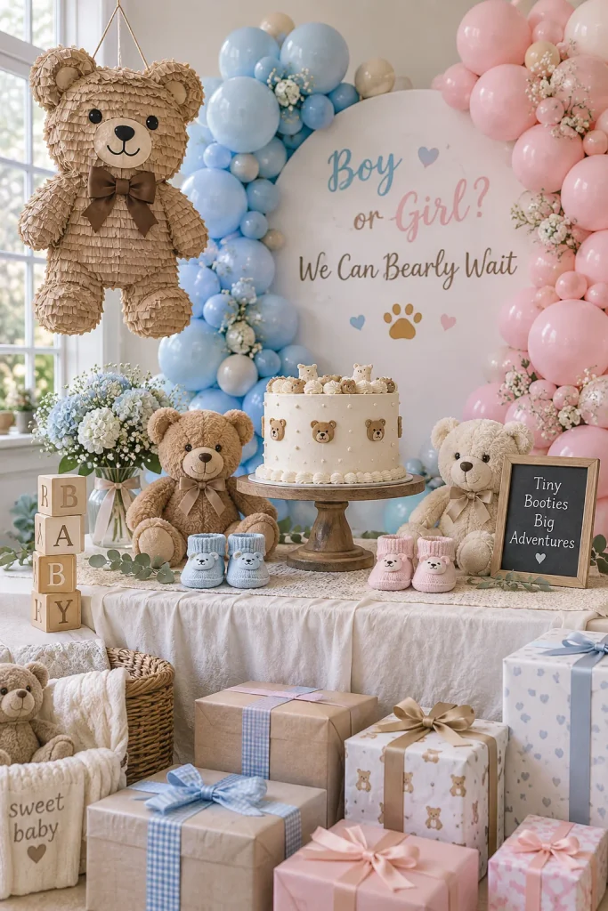 A split pink and blue backdrop with a bear-shaped piñata and a cake with a hidden colored center