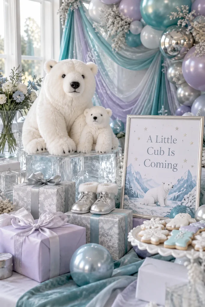 An aurora-inspired backdrop of teal, lilac, and silver tulle draped behind a white plush polar bear on faux ice
