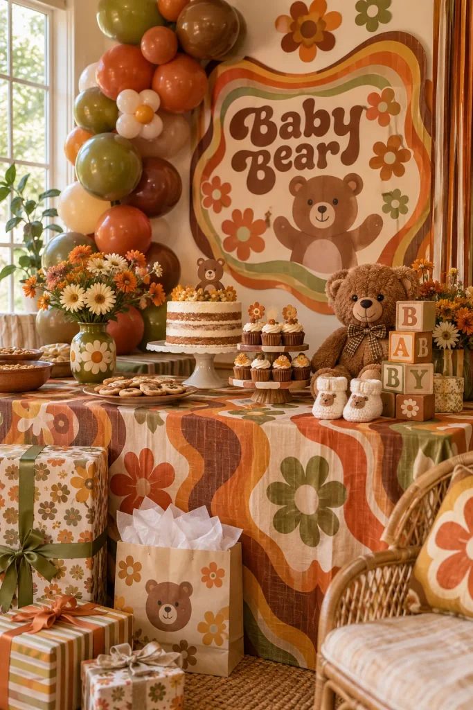 A 70s-inspired table in burnt orange, avocado green, and brown with a retro flower-power bear sign
