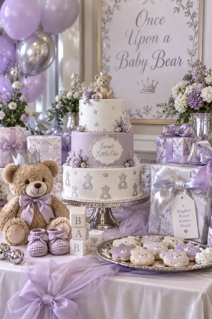 A whimsical table with lilac tulle, silver accents, and a small bear wearing a paper crown on a tiered cake stand