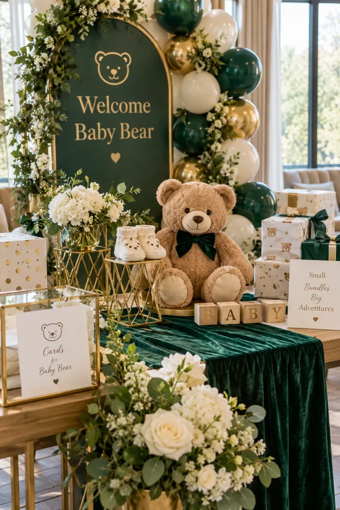 A dramatic table with emerald velvet runners, gold candlesticks, and a bear in a velvet bow tie