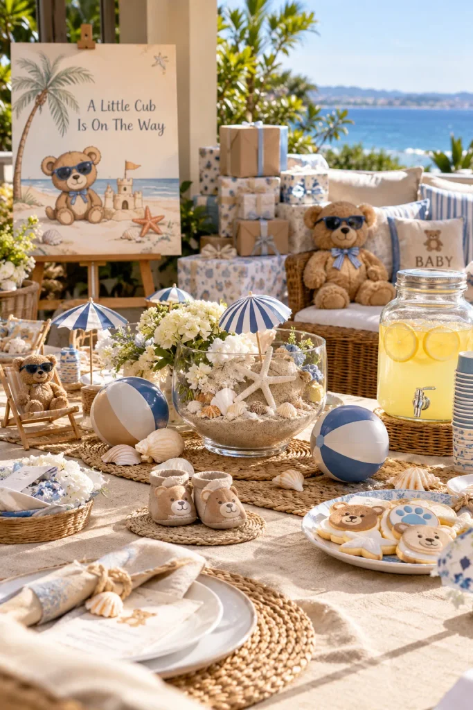 A sandy-toned table with seashells, striped umbrellas, beach balls, and a bear in sunglasses