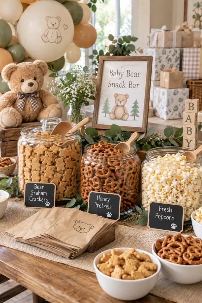 Glass jars of bear-shaped graham crackers, honey pretzels, and popcorn with kraft paper scoops