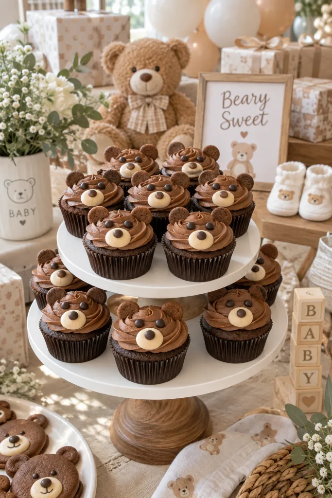 Chocolate cupcakes with swirled buttercream, mini cookie ears, and candy noses arranged on a tiered stand