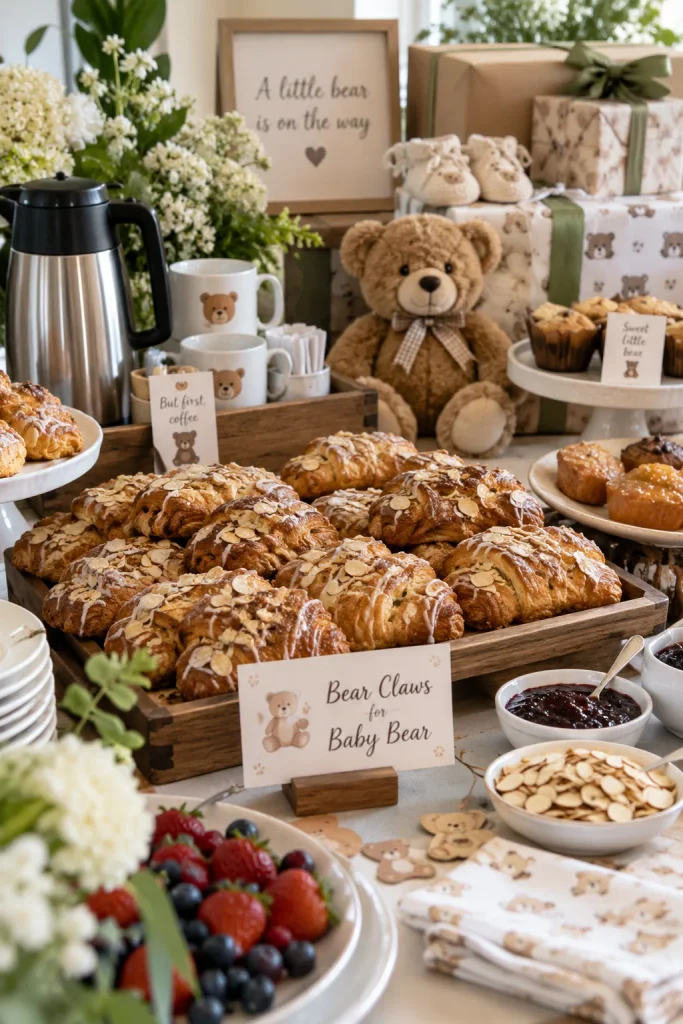 A brunch spread of golden bear claw pastries, almond glaze, and coffee cups with tiny bear tags