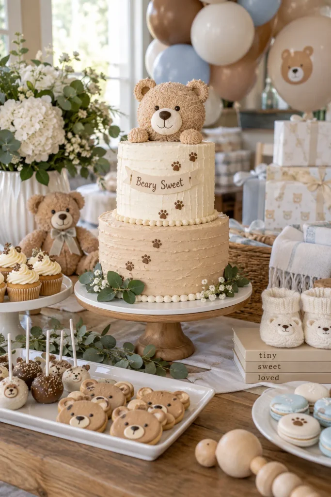 A two-tier buttercream cake with a soft tan teddy bear face on top, tiny paw prints, and a "Beary Sweet" banner