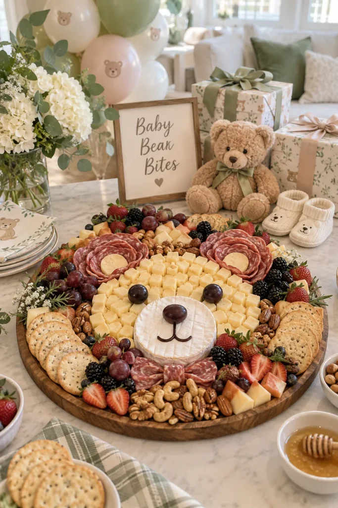 A round charcuterie board shaped like a bear face with brie for the snout, salami rosettes for ears, and grapes for eyes
