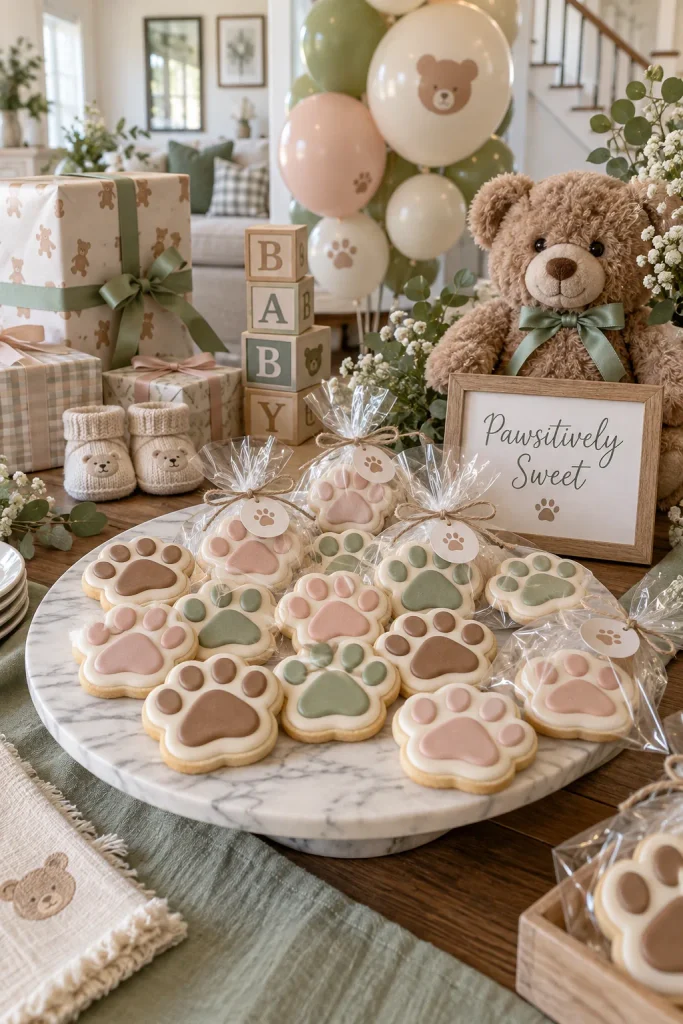 Sugar cookies decorated with royal icing paw prints in soft brown, cream, and pink on a marble board
