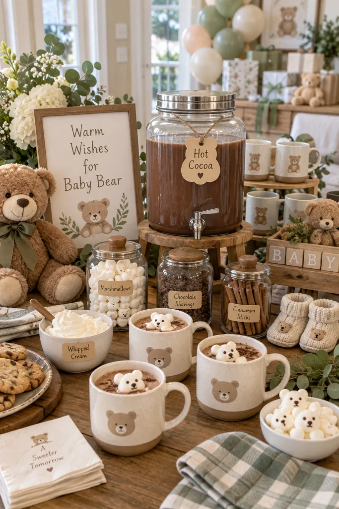 A cocoa station with mugs, marshmallow bears, chocolate shavings, and cinnamon sticks in jars