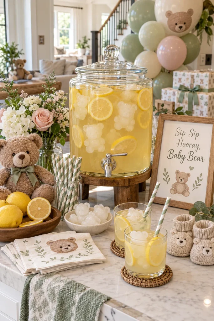 A clear drink dispenser of golden honey lemonade with lemon slices, bear-shaped ice cubes, and striped paper straws