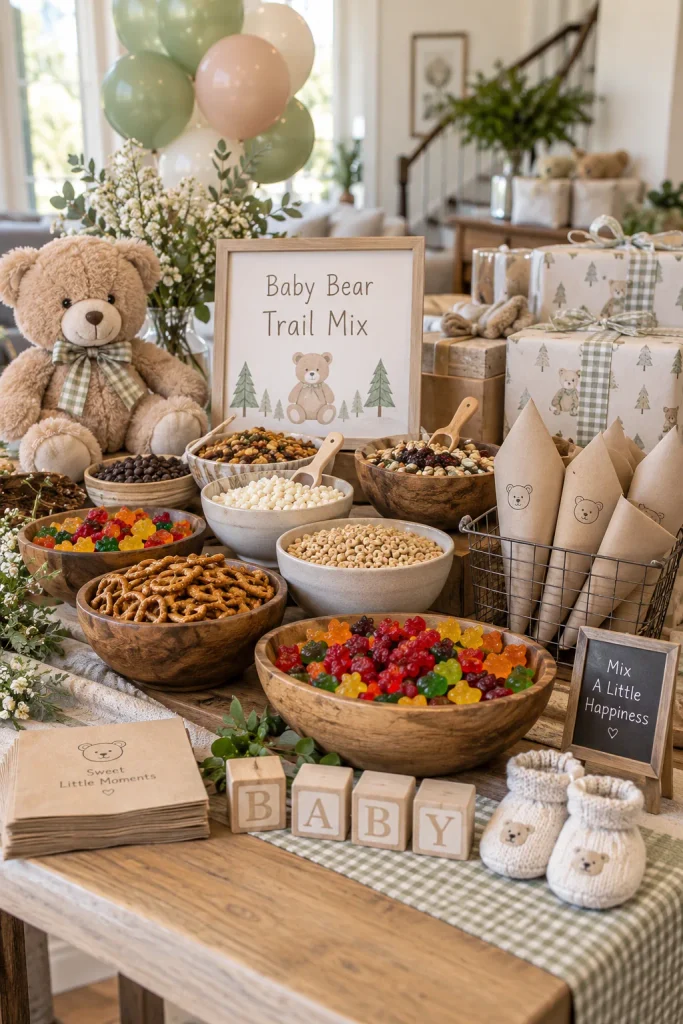 A colorful trail mix bar with gummy bears, pretzels, cereal, dried fruit, and small paper cones