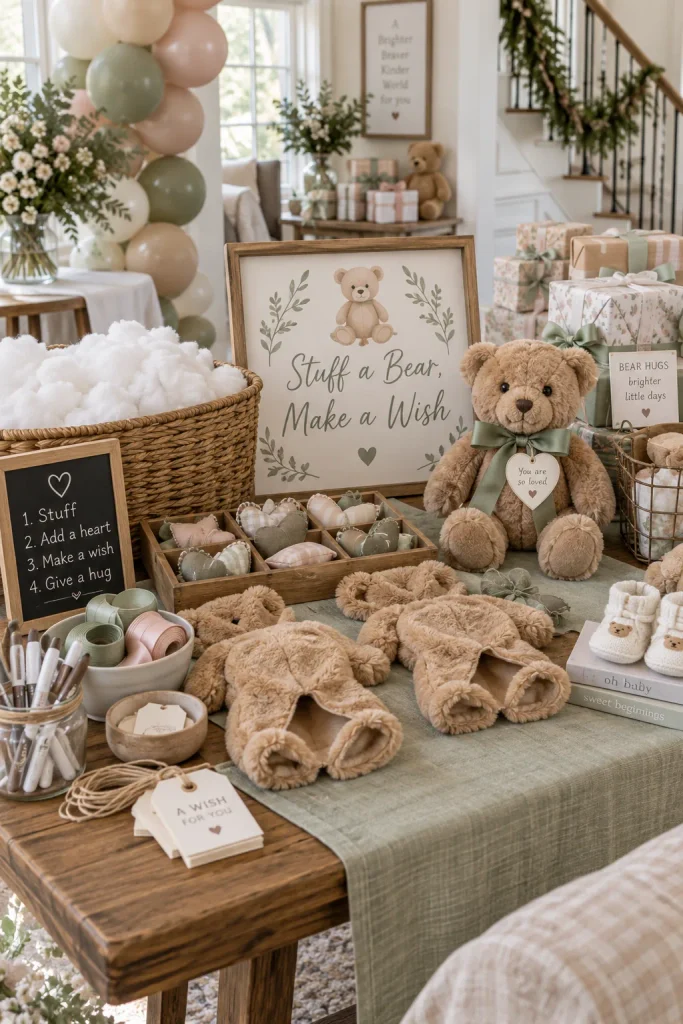 A craft table with unstuffed plush bear skins, fluffy filling, heart charms, and ribbons for guests to personalize