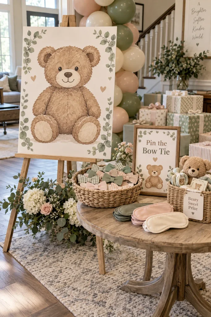 A large bear poster on an easel, with guests wearing blindfolds and holding paper bow ties