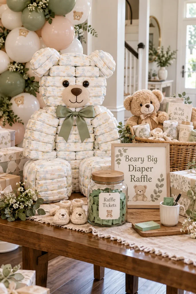 A stack of diaper packs arranged like a bear shape beside a raffle jar and a prize basket