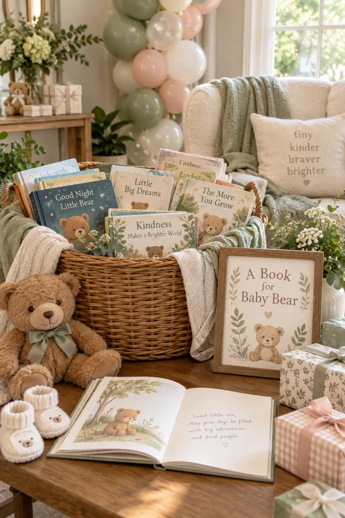 A wicker basket overflowing with children's books, each with a handwritten inscription inside the cover
