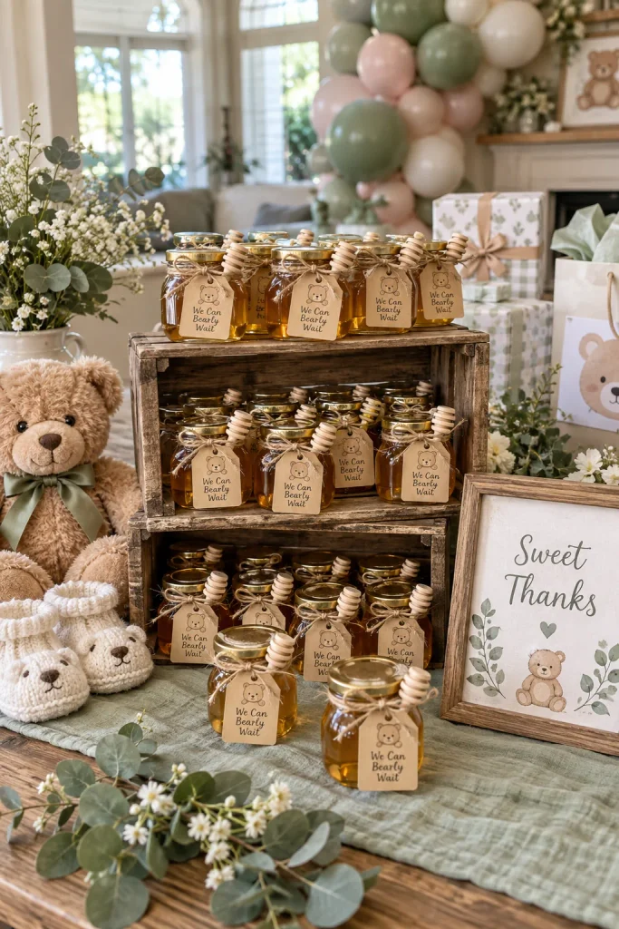 Mini glass honey jars tied with twine, a kraft tag reading "We Can Bearly Wait," and a tiny wooden dipper