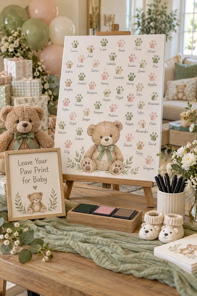 A canvas covered in colorful inked paw prints made from guests' thumbprints, signed with tiny names