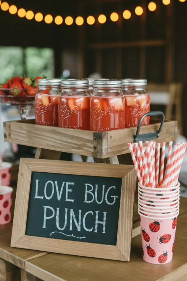 Mason jars of strawberry punch on a wooden tray beneath a chalkboard sign reading Love Bug Punch