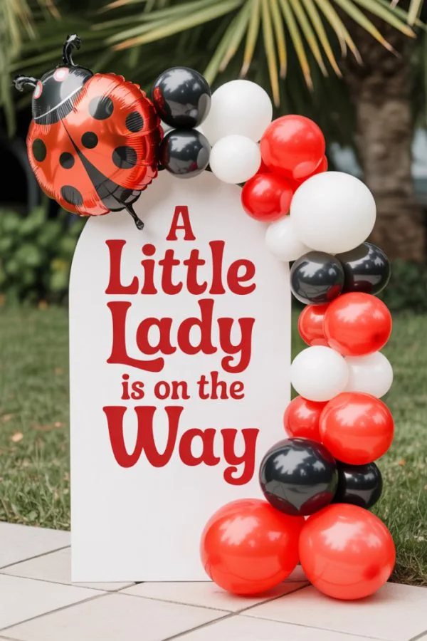 White welcome sign with red lettering surrounded by red black and white balloons and a ladybug balloon