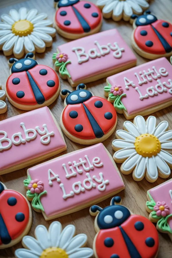 Decorated sugar cookies with red ladybugs and white daisies on pink plaques