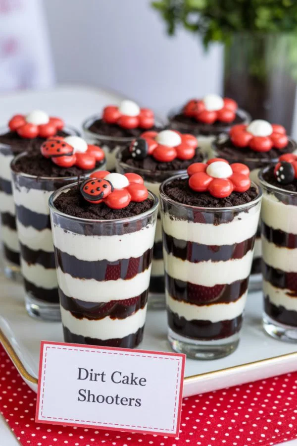 Layered dirt cake dessert shooters with chocolate cookie crumbs a red candy flower and a ladybug topper