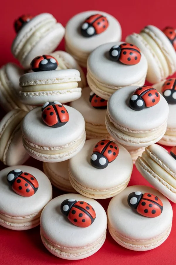 White macarons decorated with red and black ladybug toppers on a dessert table