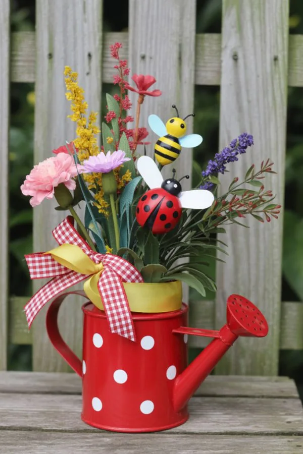 Red polka dot watering can filled with flowers greenery and tiny ladybug and bee accents as a centerpiece