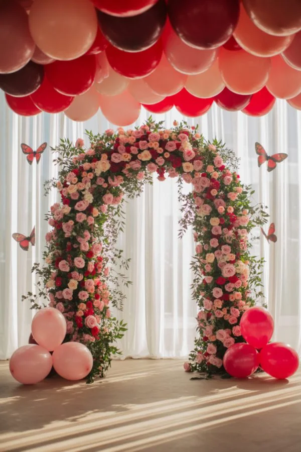 Floral welcome arch with pink roses and red and blush balloons for a ladybug baby shower