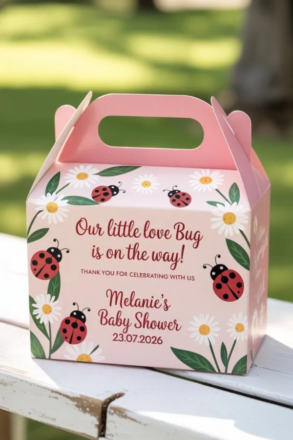 Ladybug and daisy printed favor box with handle for a baby shower