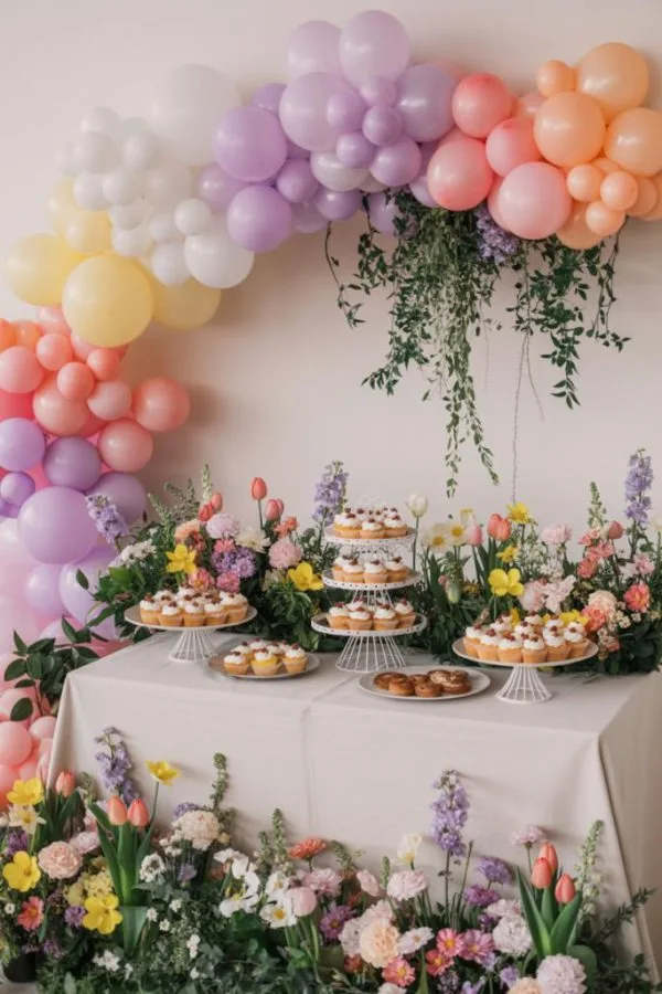 Enchanted garden baby shower with florals, greenery, and twinkle lights