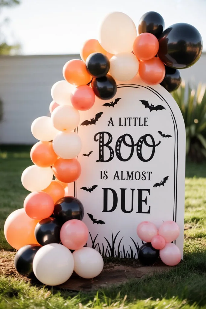 Halloween baby shower decor with pumpkins and playful fall colors