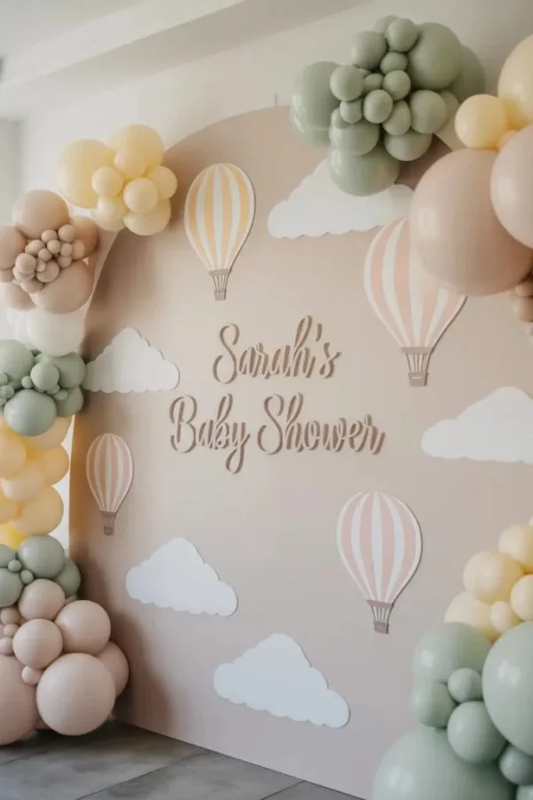 Hot air balloon baby shower backdrop with clouds and pastel balloons