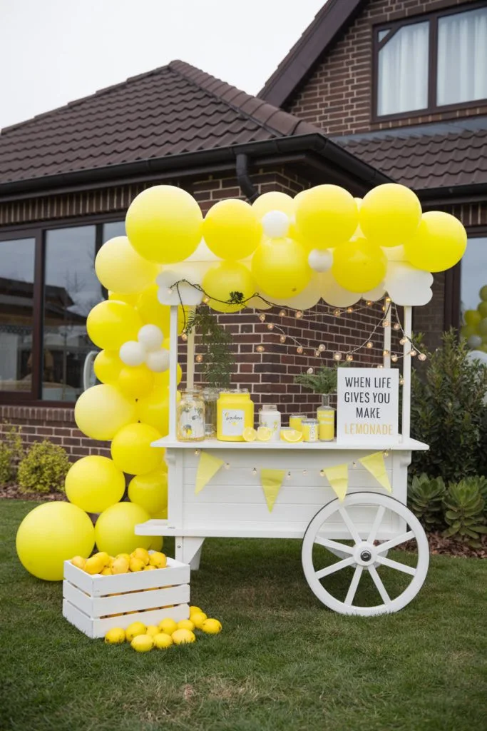 Lemon themed baby shower table with fresh lemons and yellow floral decor