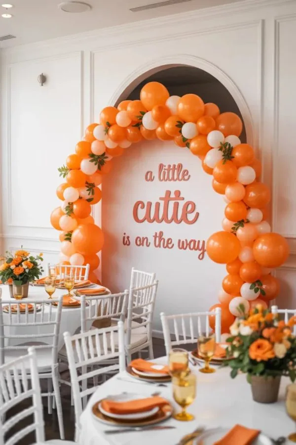 Little Cutie baby shower decor with orange citrus theme