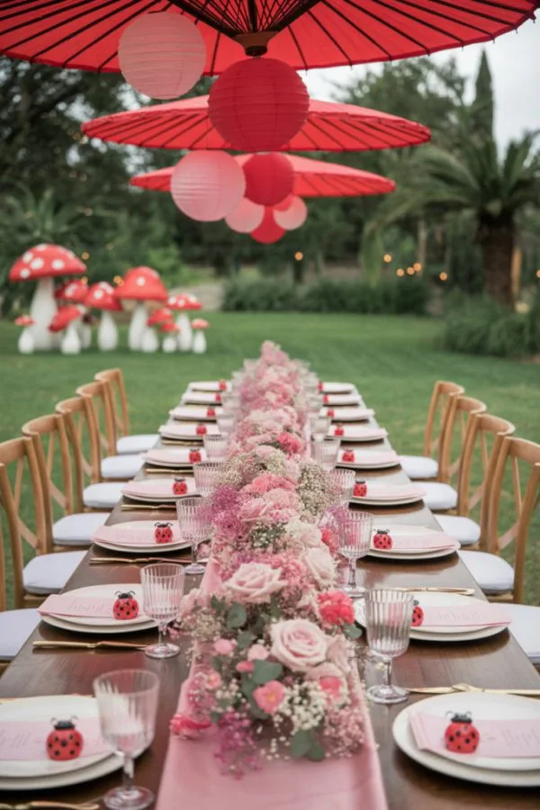 Blush pink and floral 'A Little Lady Is On The Way' baby shower decor with bows