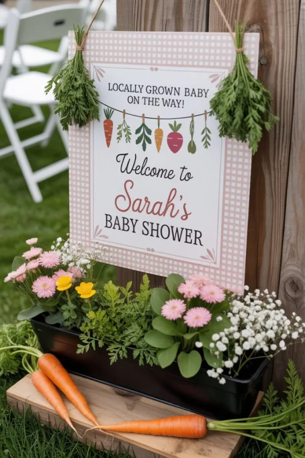 Locally grown baby shower decor with fruit baskets and farmers market details