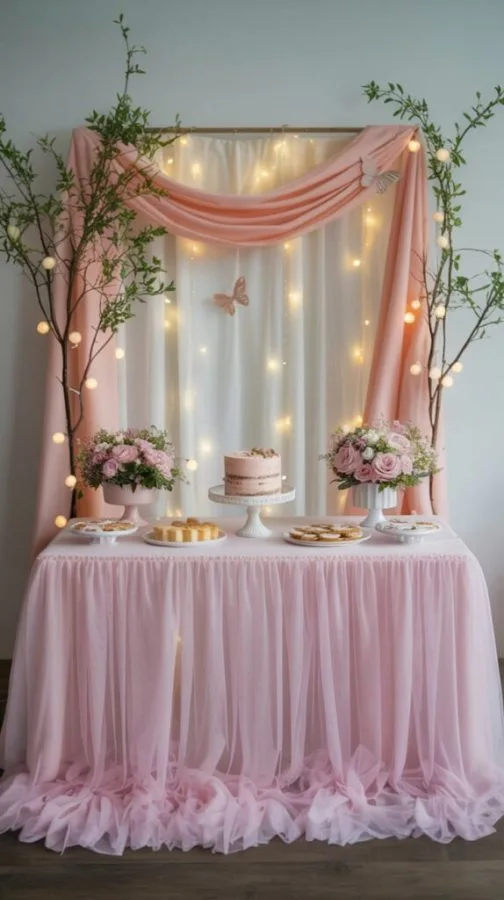 Pink and purple baby shower balloon and floral decor