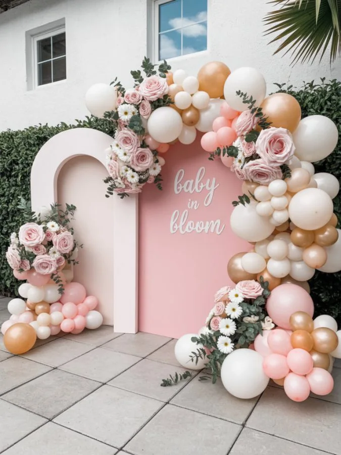 Baby in Bloom baby shower decor with fresh florals and greenery