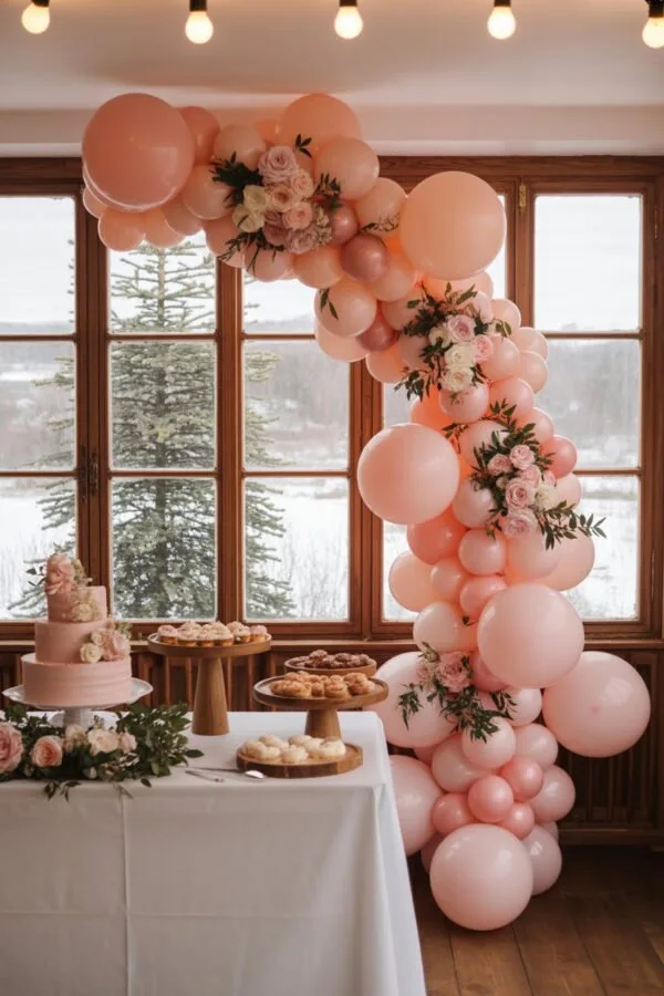 Pink baby shower decor with balloons, florals, and dessert table
