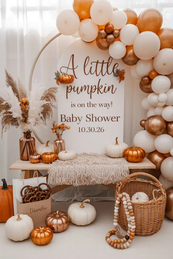 Pumpkin themed fall baby shower decor with orange and neutral tones