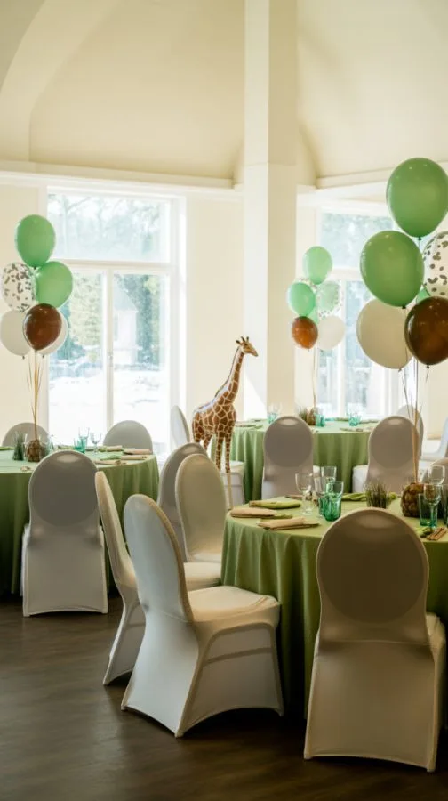 Safari baby shower decor with jungle animals and greenery