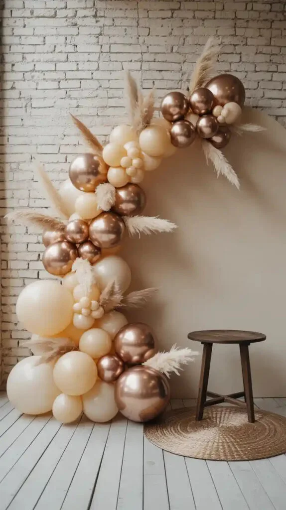 Teddy bear baby shower decor with plush bears and neutral balloons