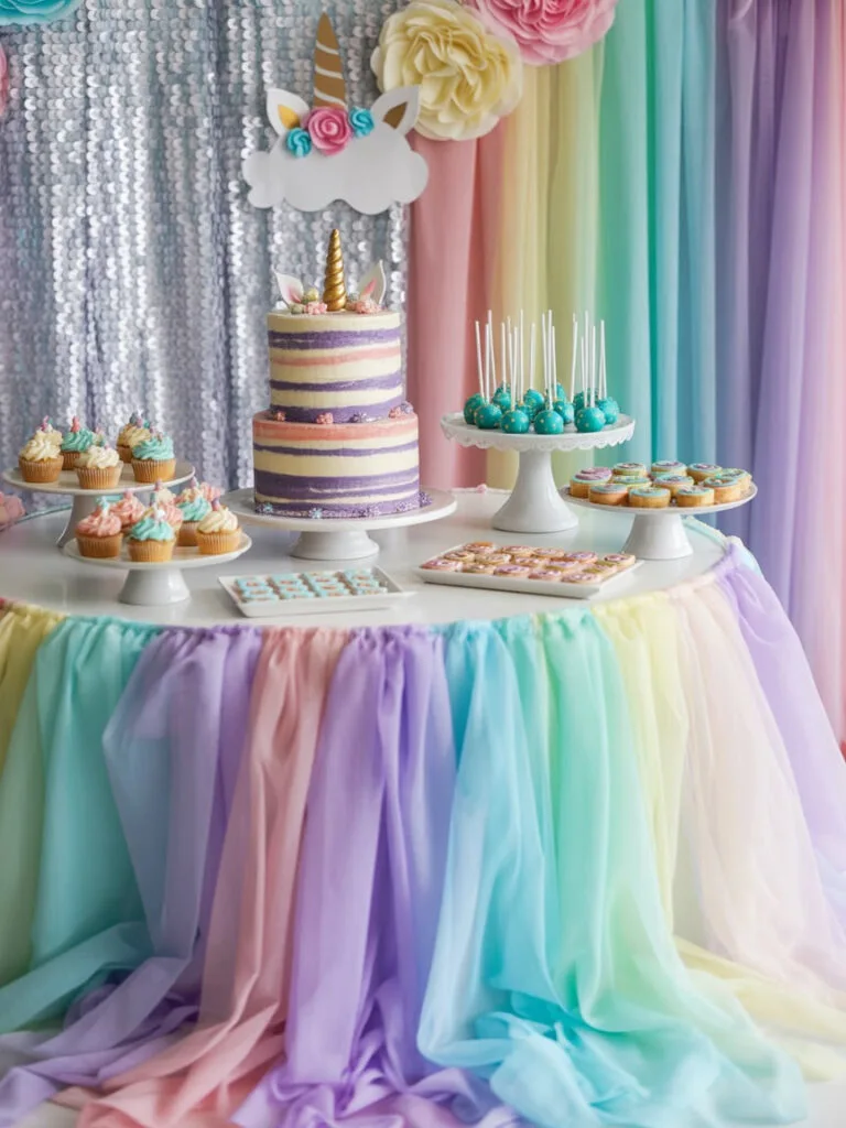Unicorn baby shower decor with pastel rainbow and sparkle details