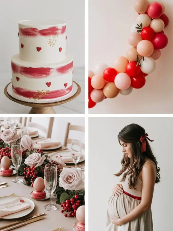 Valentine's baby shower decor with pink and red hearts