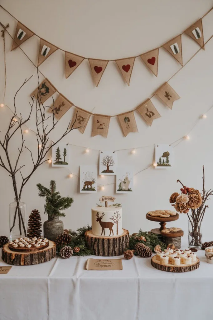 Woodland baby shower decor with forest animals and rustic details