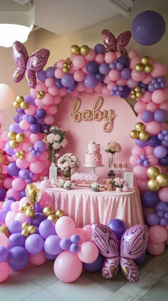 Butterfly themed baby shower with pastel balloons and floral accents