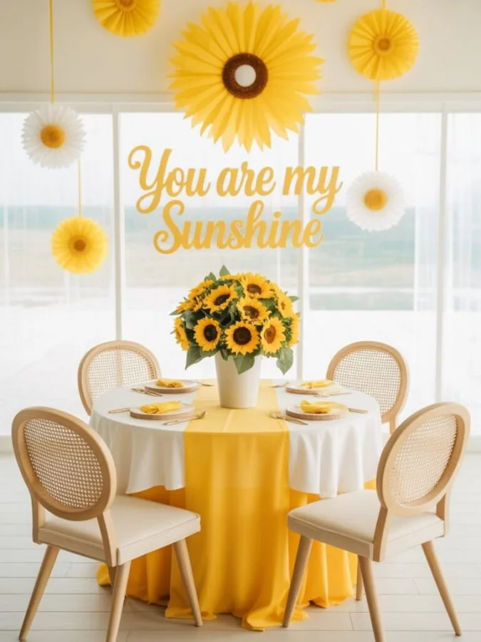 Sun themed baby shower decor with yellow and orange sunshine details